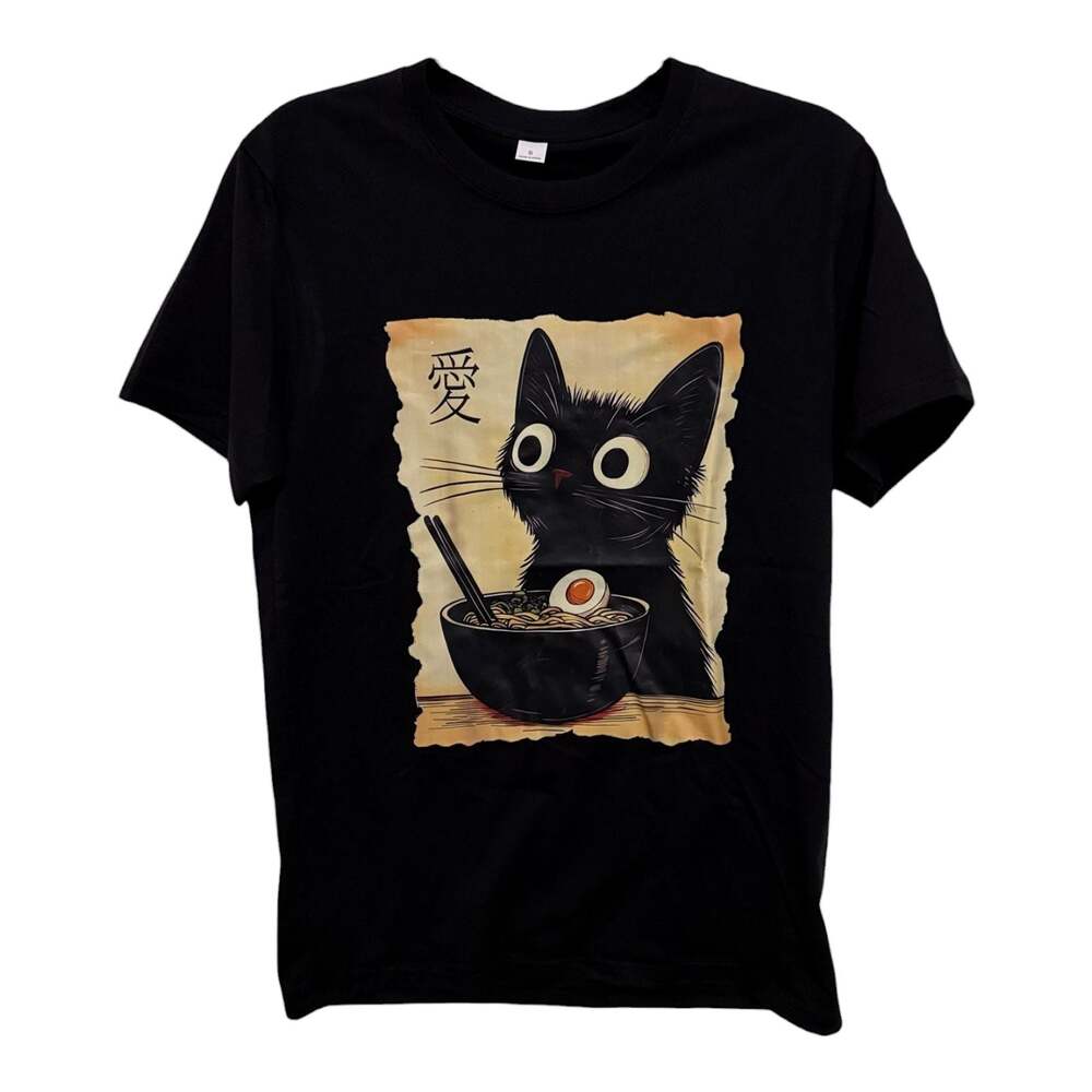 Size Small Ramen Noodle Black Cat Custom Graphic Unisex T-Shirt - Picture 2 of 4